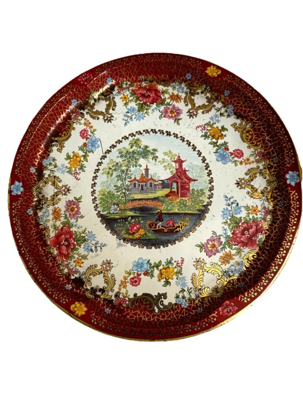 Vintage Chinoiserie Tole Metal Tray Asian Scene - Picture 2 of 10